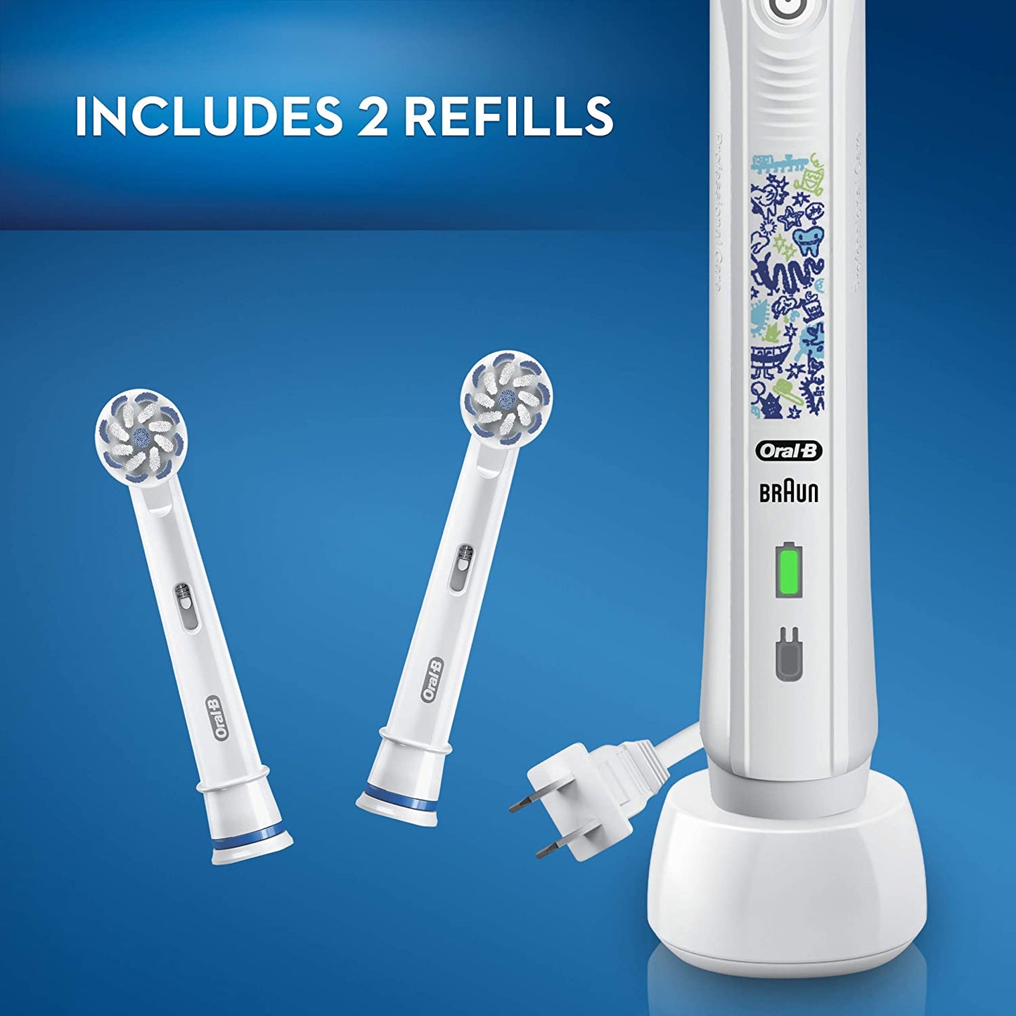Oral-B Kids Rechargeable Electric Toothbrush with Coaching Pressure Sensor and Timer Powered by Braun, White (1 Handle, 2 Brush heads and 1 Charger)