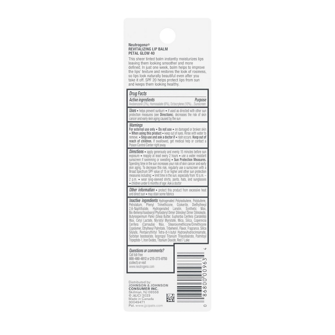 Neutrogena Revitalizing Lip Balm Broad Spectrum SPF 20 Petal Glow 40, 0.15 oz / 4.2 g