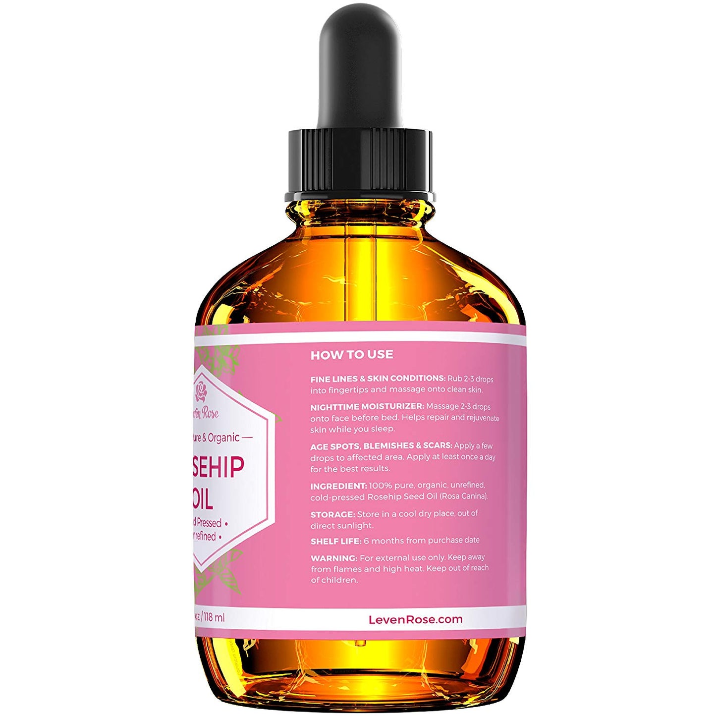 Leven Rose Rosehip Seed Oil 100% Pure Organic Unrefined Cold Pressed for Hair Skin & Nails (4 fl oz)