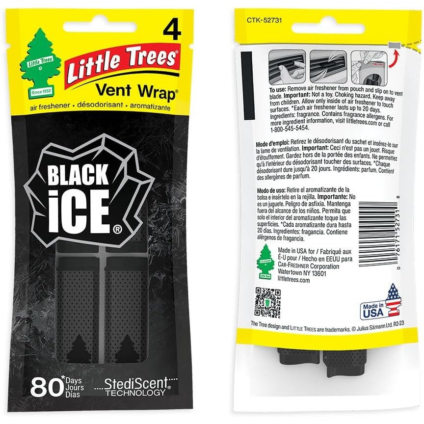 Little Trees Vent Wrap Car Air Freshener Provides Long - Lasting Scent Black Ice, 4 Pieces