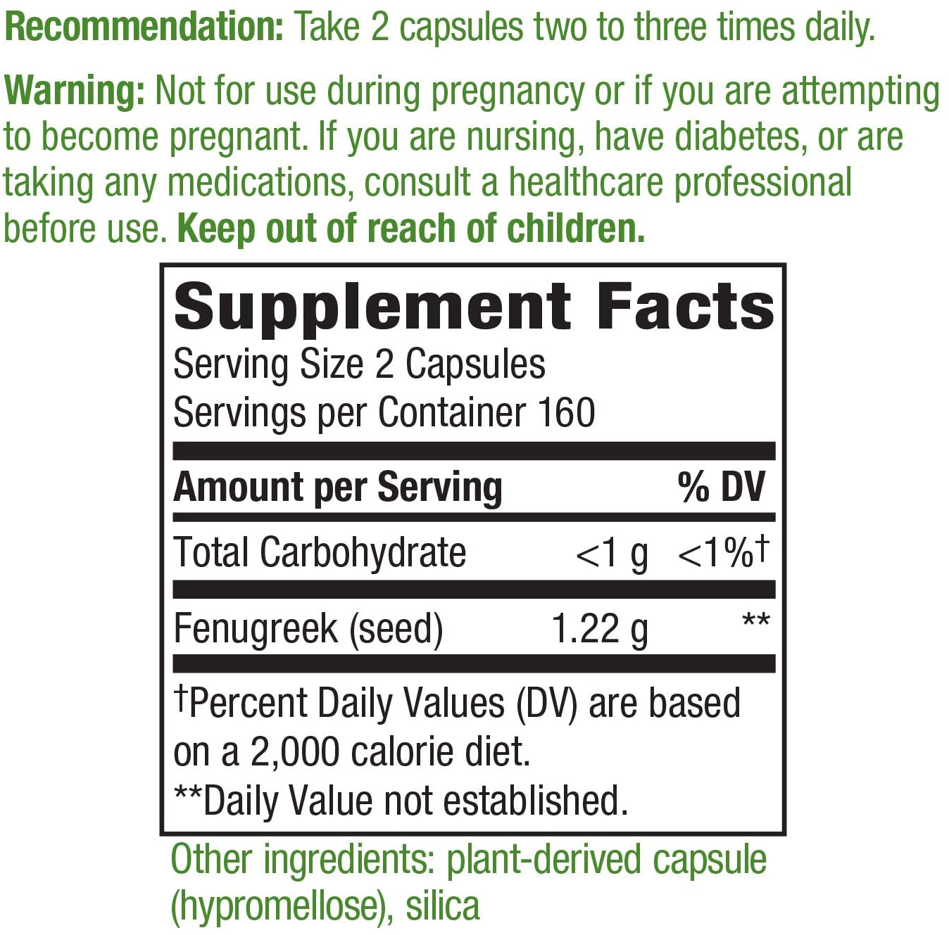 Nature's Way Fenugreek Seed Non-GMO 1220mg Per Serving, 320 Vegan Capsules