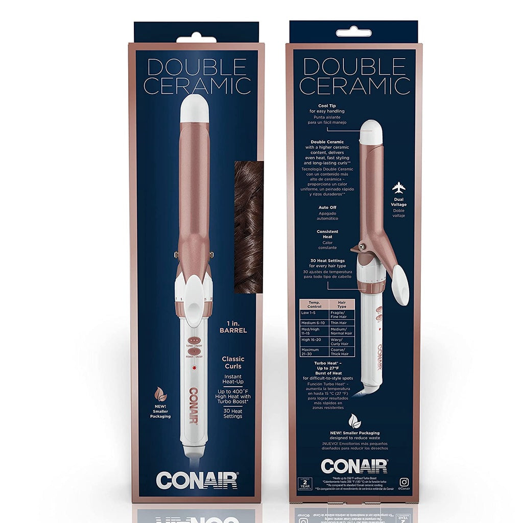 Conair Double Ceramic 1" Curling Iron with Cool Tip for Easy Handling, Dual Voltage, White/Rose Gold