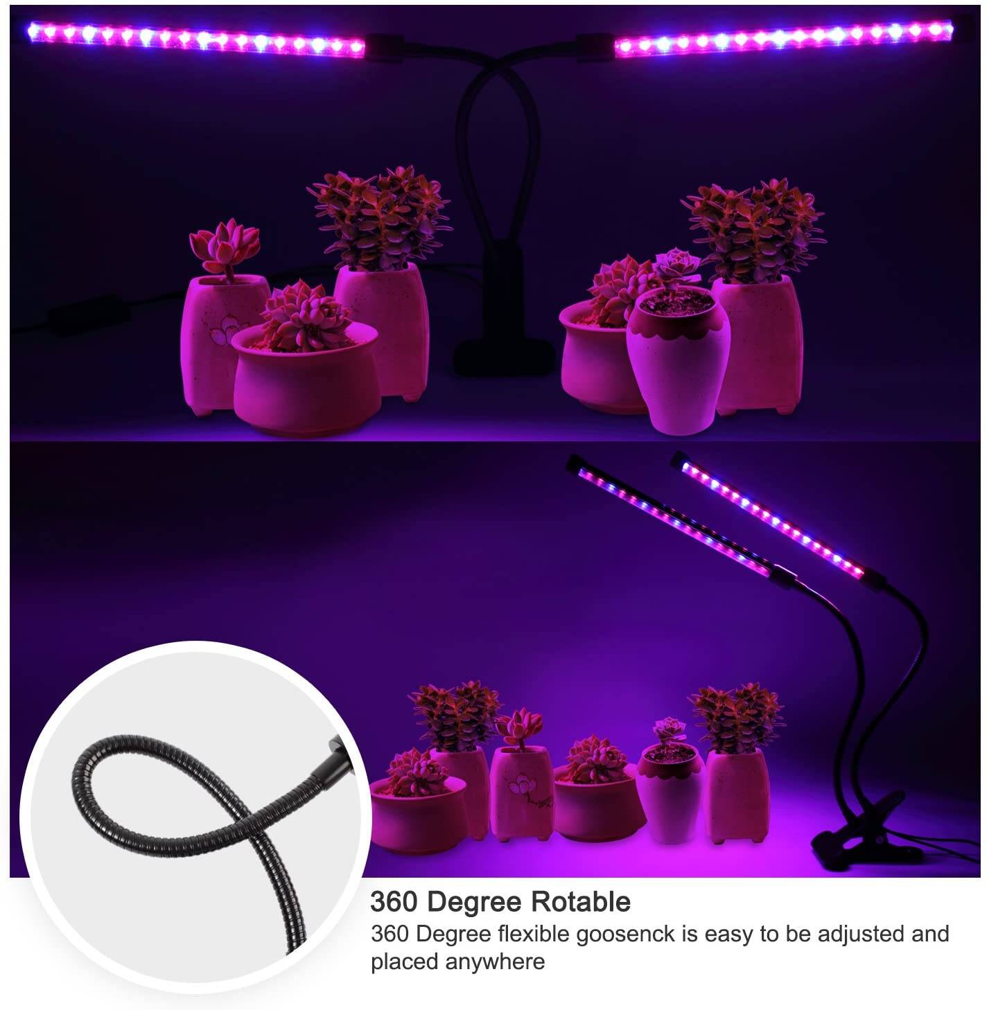 Ankace Grow Light, Ankace 40W Dual Head Timing 36 LED 5 Dimmable Levels Plant Grow Lights, 3 Switch Modes