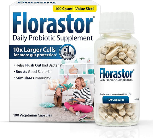 Florastor Daily Probiotic Supplement 10x Larger Cells (100 Vegetarian Capsules)