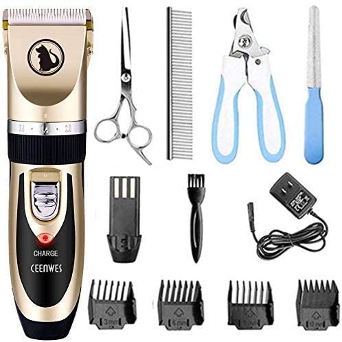 Ceenwes Dog Clippers Low Noise Pet Clippers Rechargeable Cordless Dog Hair Trimmer with Comb Guides Scissors and Nail Kit for Dogs and Cats