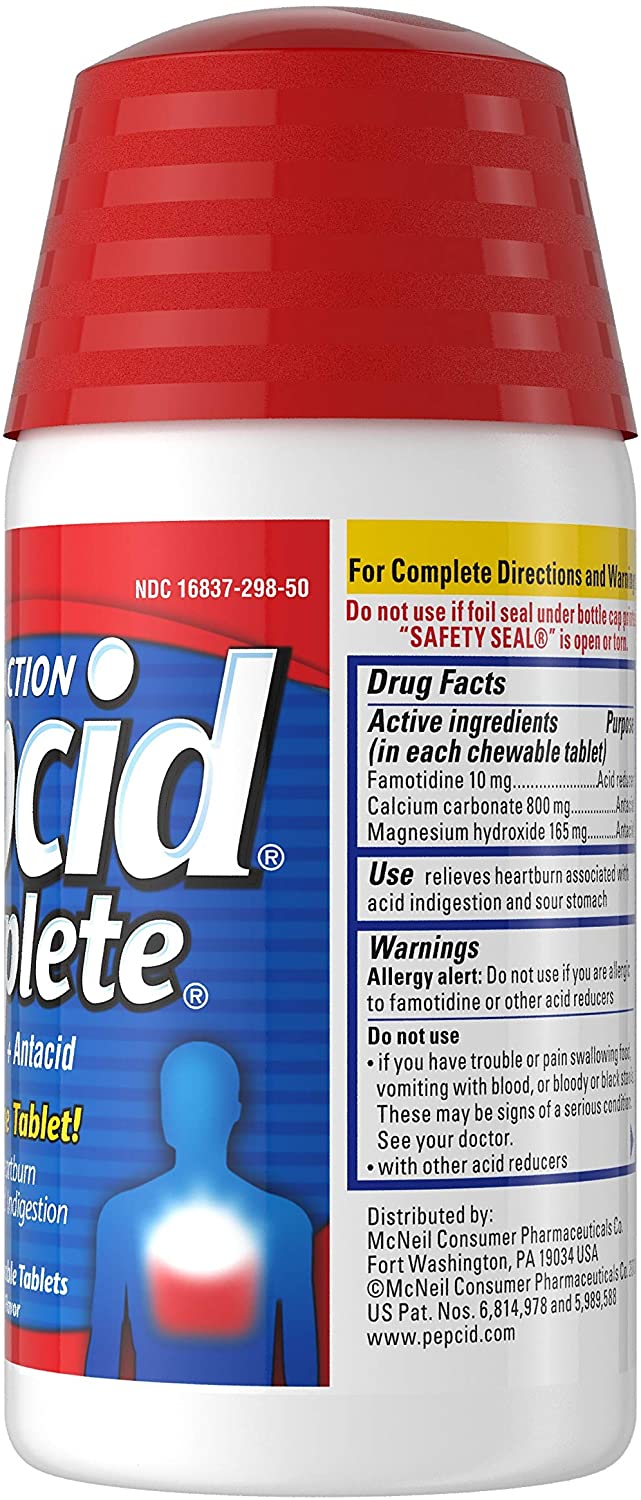 Pepcid Complete Dual Action Acid Reducer + Antacid Berry Flavor, 50 Chewable Tablets