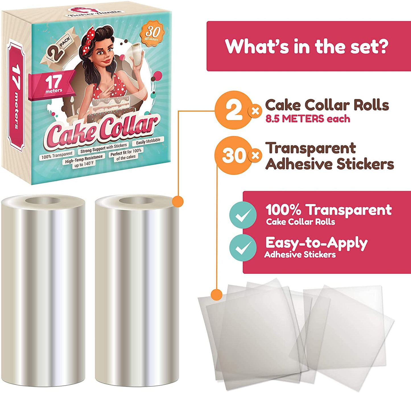 Baker Auntie 2 Pack Cake Collar Rolls 10 cm x 8.5 cm Clear Acetate Sheets for Baking, 30 Gift Stickers 17 Meters