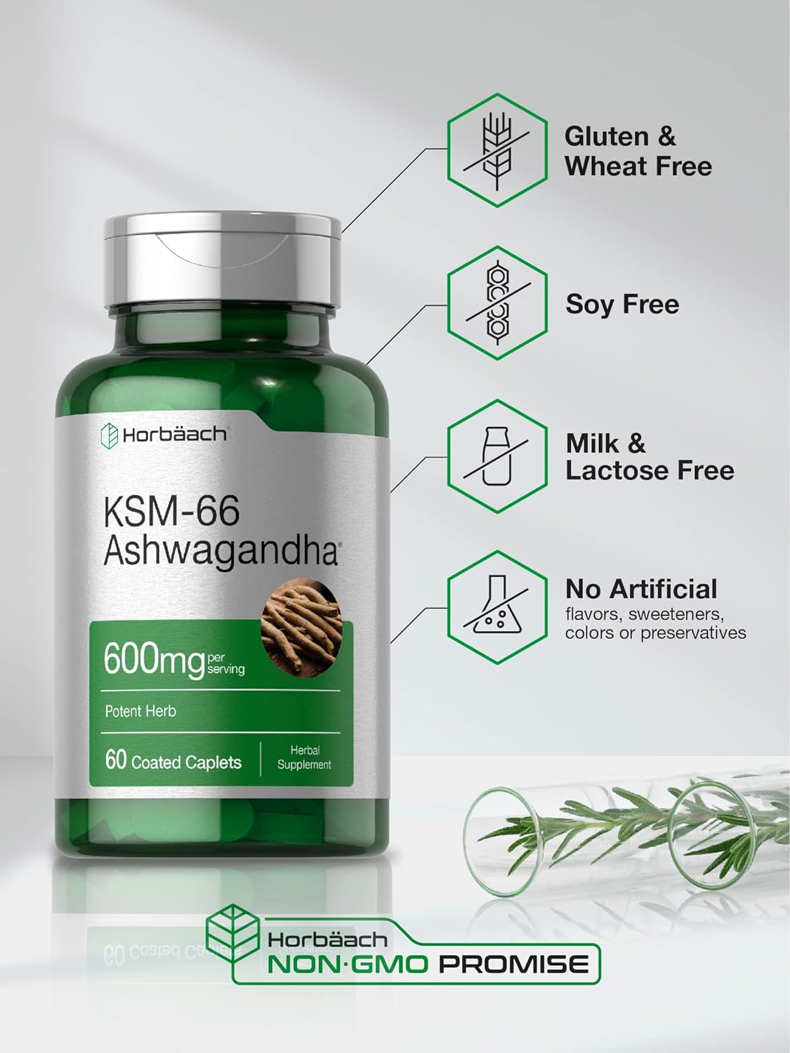 Horbaach KSM-66 Ashwagandha 600mg Potent Herb 60 Coated Caplets