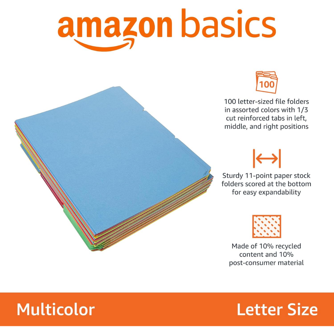 Amazon Computer Folder Files Amazon Basics AMZ401 File Folders with Tabs, Assorted Colors, 100 Pack ...