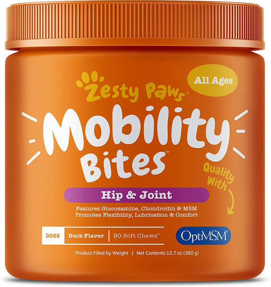 Zesty Paws Mobility Bites Hip & Joint Health for Dogs, Duck Flavor - 90 Soft Chews PACKAGING MAY VARY