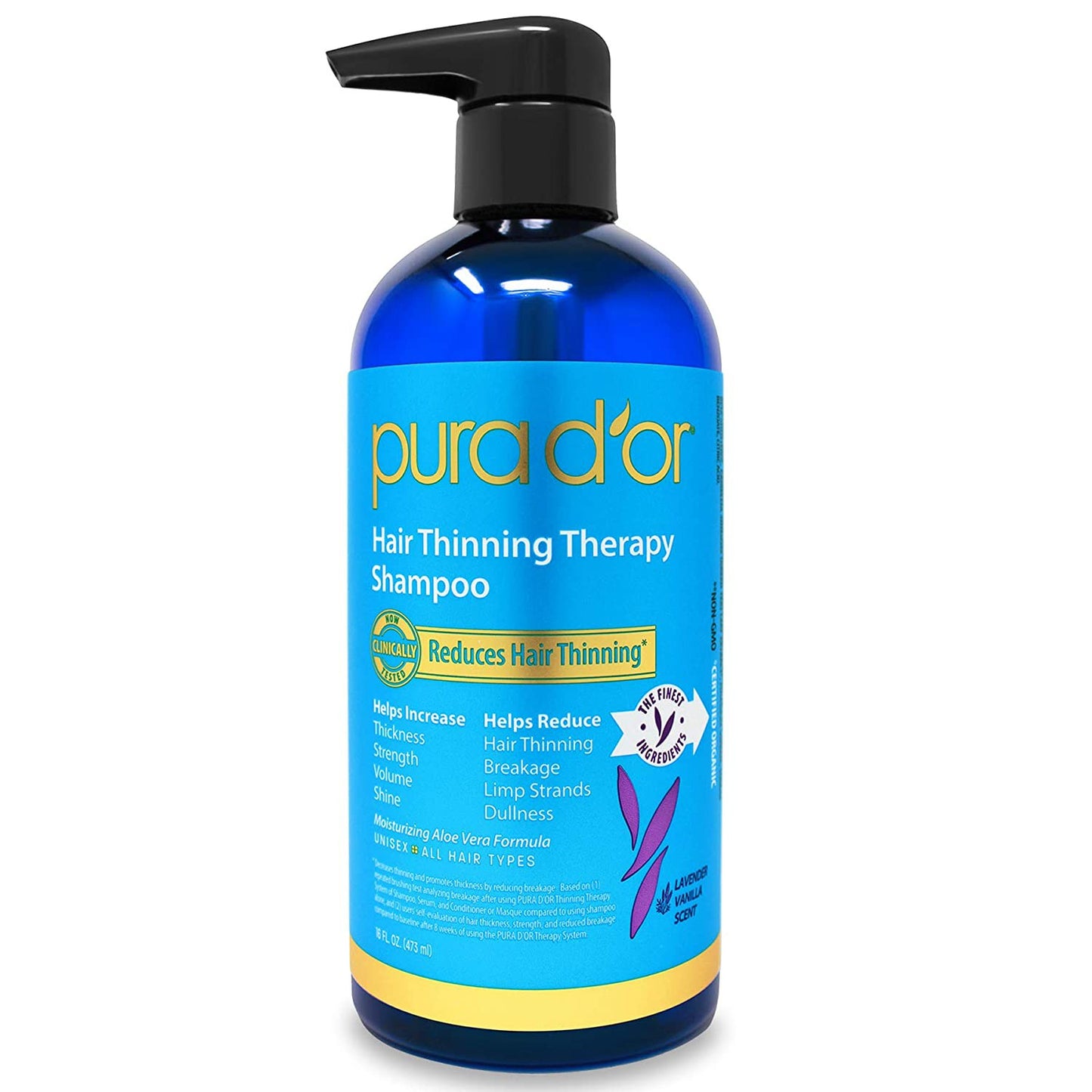 PURA D'OR Biotin Shampoo Imported from the USA VANILLA LAVENDER Scent (16 oz) w/Argan Oil