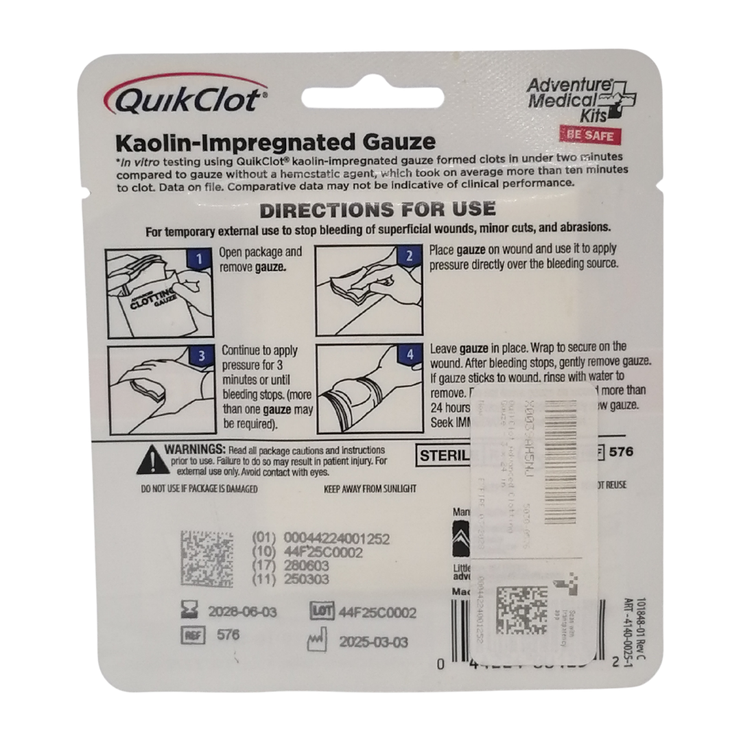 Quickclot Advanced Clotting Gauze Bandage, 3 in x 2 ft