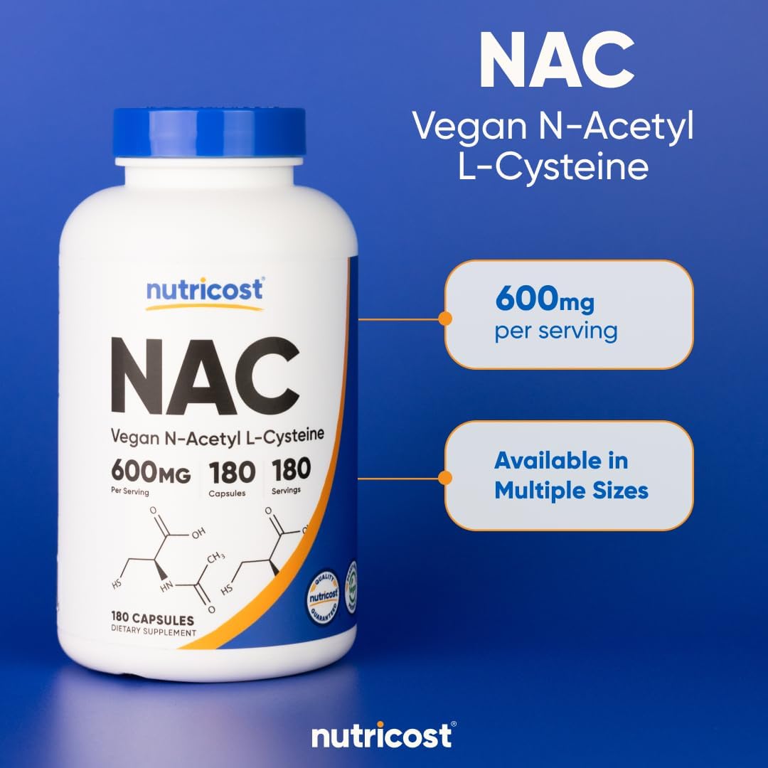 Nutricost NAC Vegan N-Acetyl L-Cysteine 600mg Per Serving Dietary Supplement, 180 Capsules