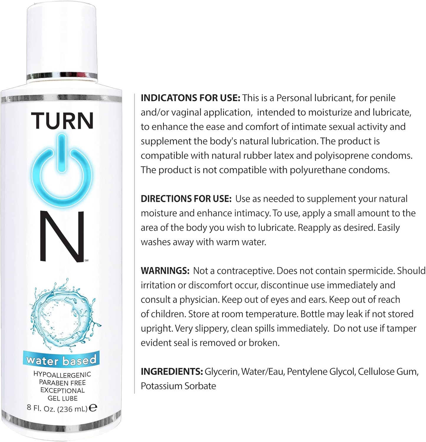 Turn On Water Based Gel Lube 8 fl oz / 236mL