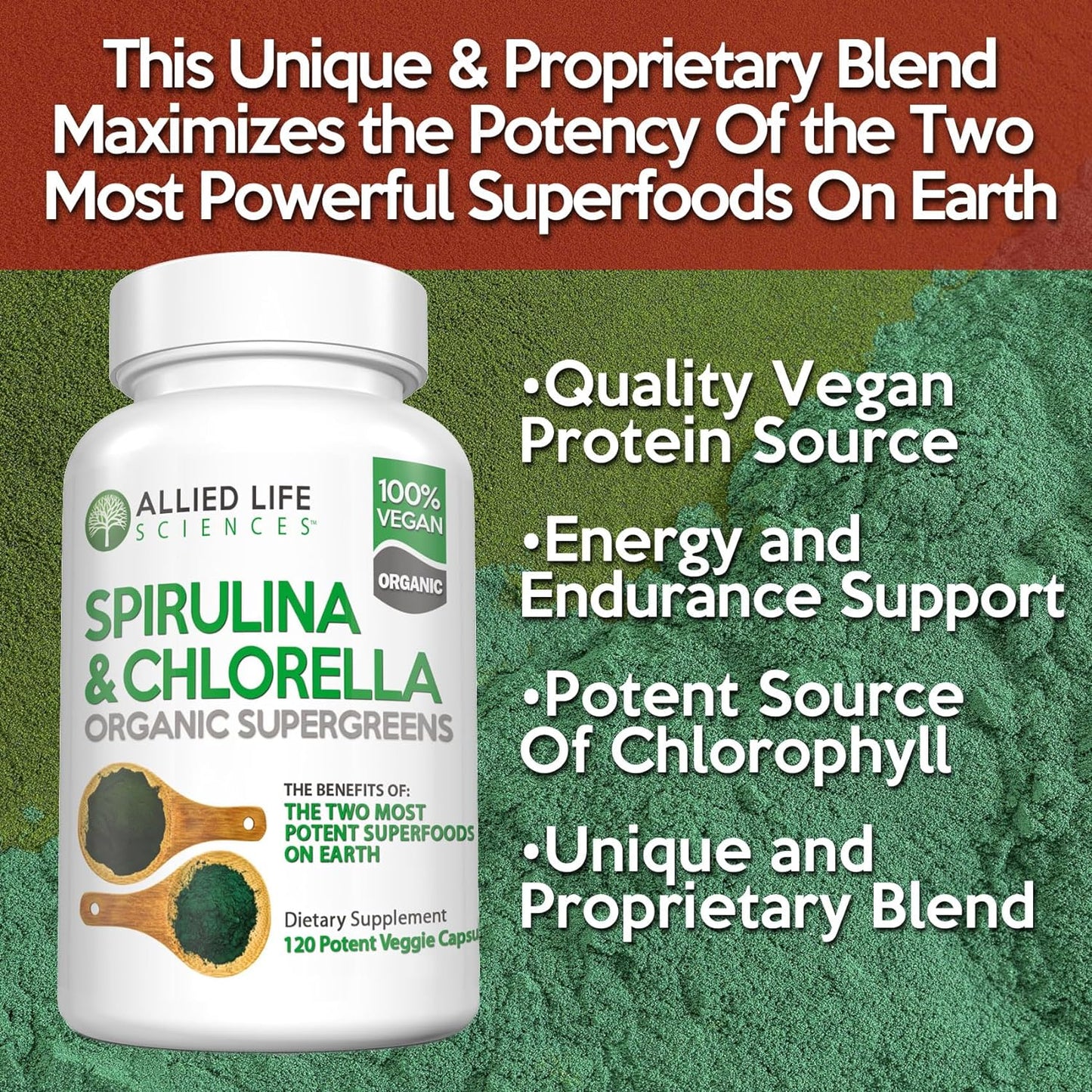 Allied Life Spirulina  & Chlorella Organic Supergreens Supplement 120 Capsules