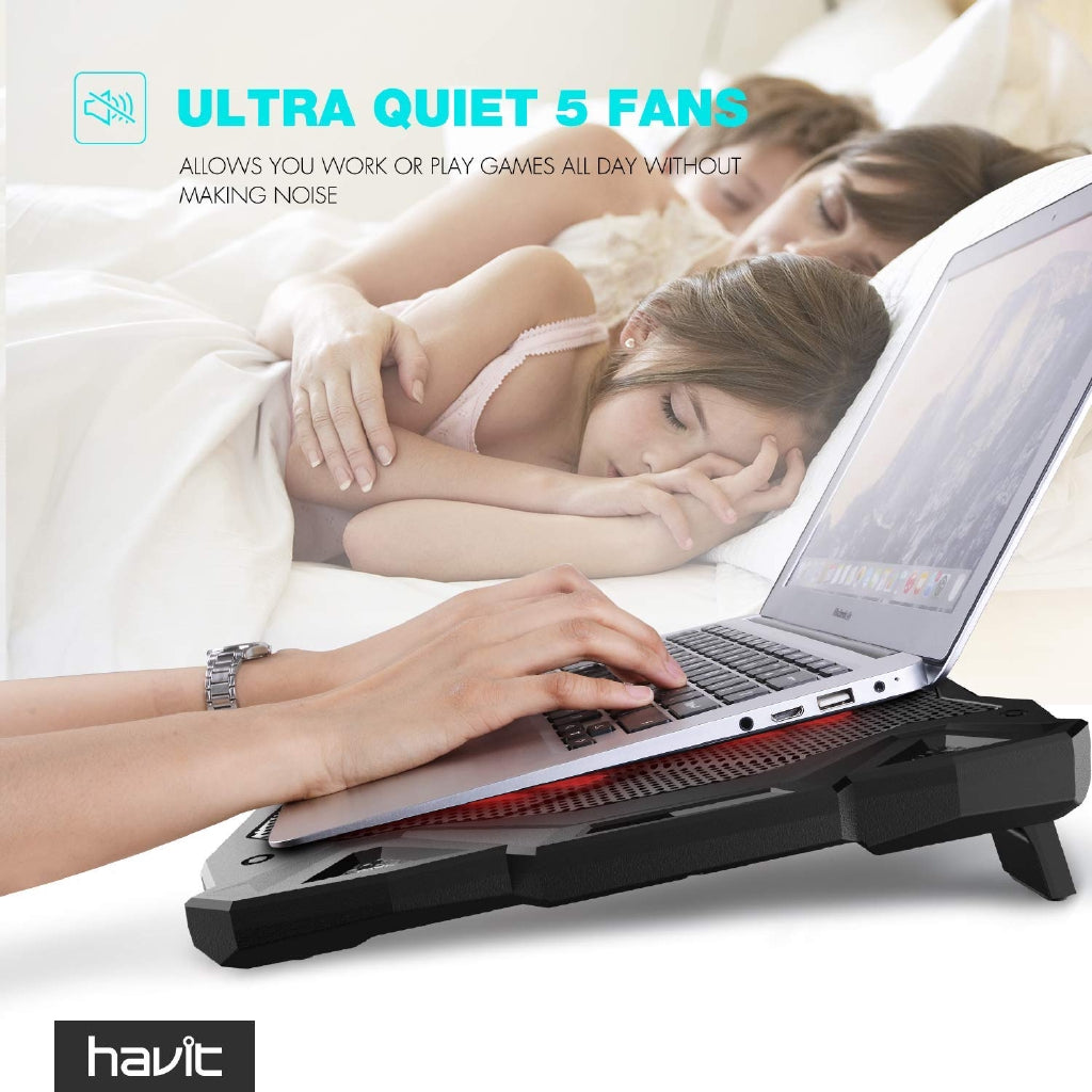 HAVIT 5 Fans Laptop Cooling Pad 14-17 Inch w LED Light, Two USB 2.0 Ports, Adjustable Stand (Black)