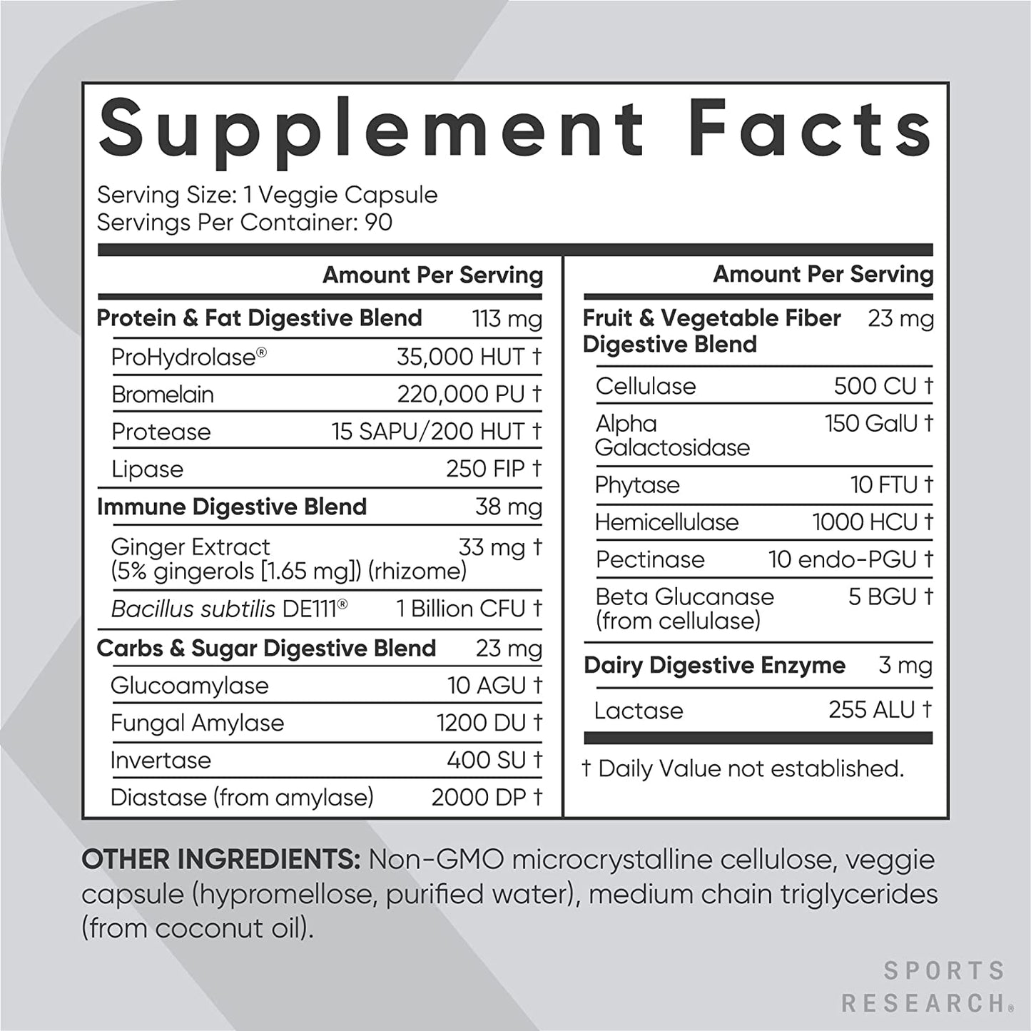 Sports Research Plant-Based Digestive Enzymes Helps Ease Digestion - 90 Veggie Capsules