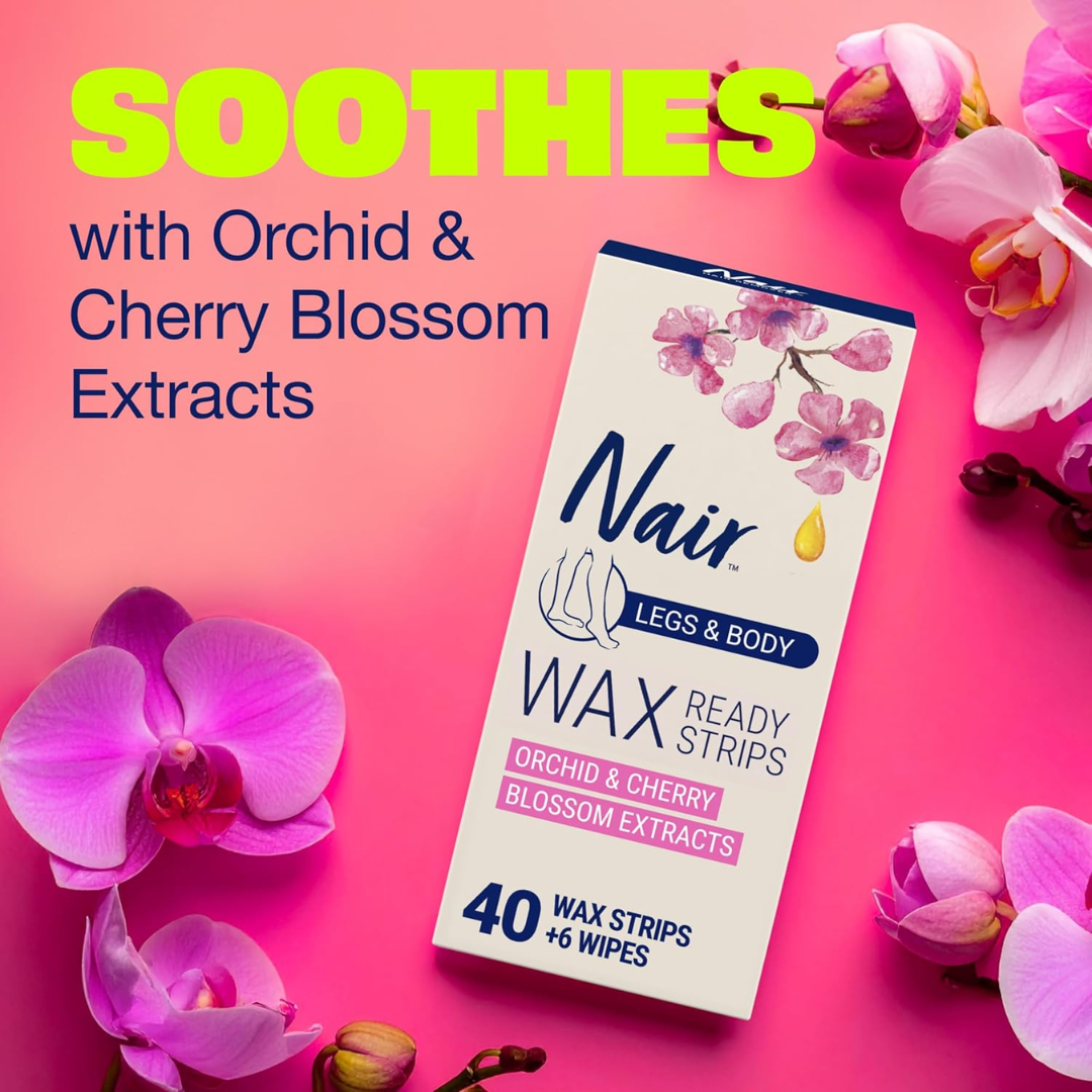 Nair Wax Ready Strips for Legs & Body, 40 Wax Strips + 6 Non-Flushable Wipes