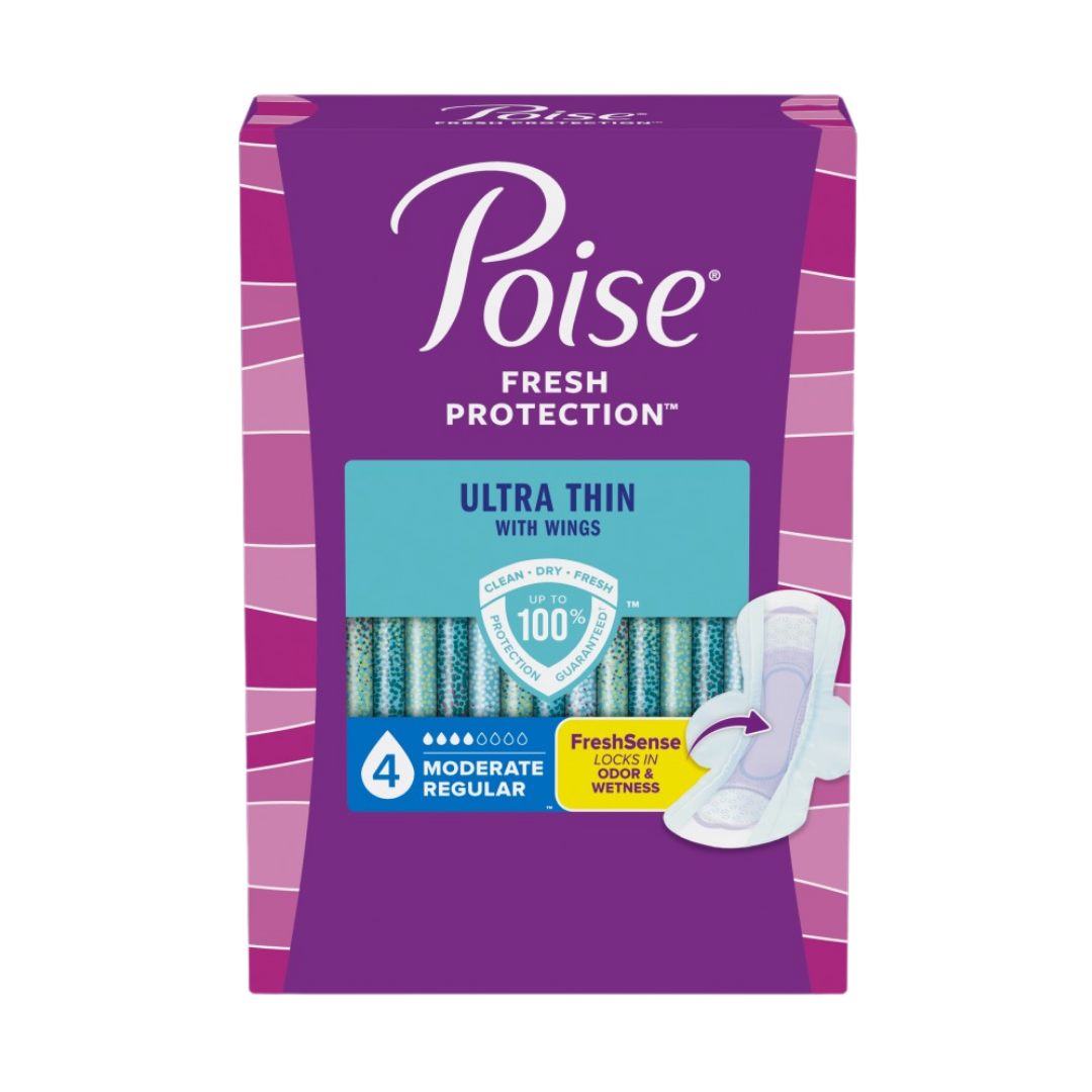Poise Ultra Thin Pads With Wings, 4 Drops Moderate Absorbency, Regular Length, 54 Pads