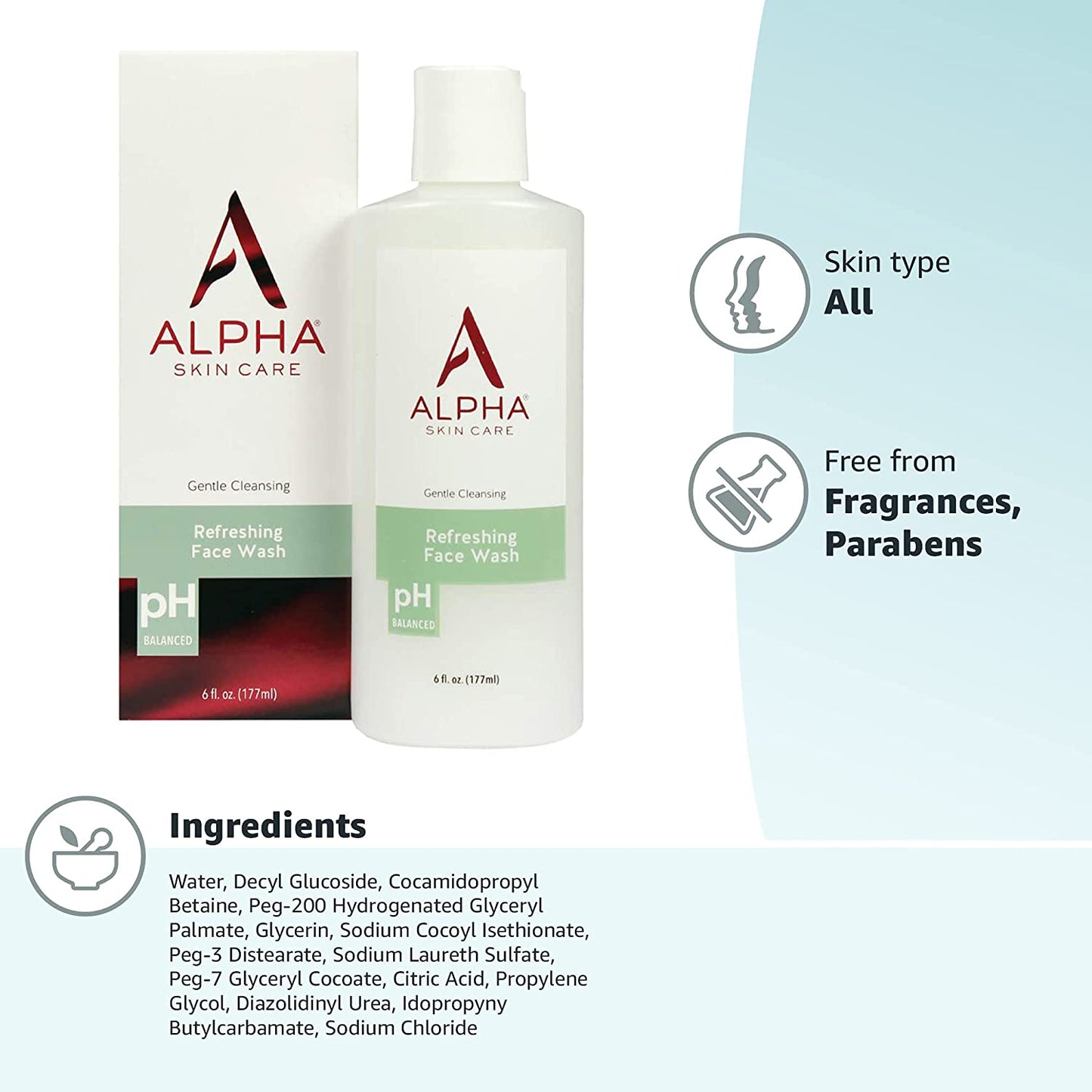 Alpha Skin Care Gentle Cleansing Refreshing Face Wash pH Balanced, 6 fl.oz / 177ml