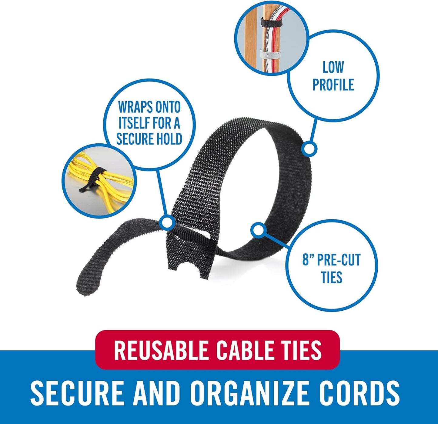 Velcro One-Wrap Thin Ties 8 x 1/2 in, Black, 100 Ties