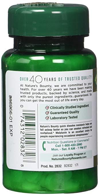 Natures Bounty Melatonin 1mg 100% Drug Free Sleep Aid (180 Tablets) Packaging May Vary