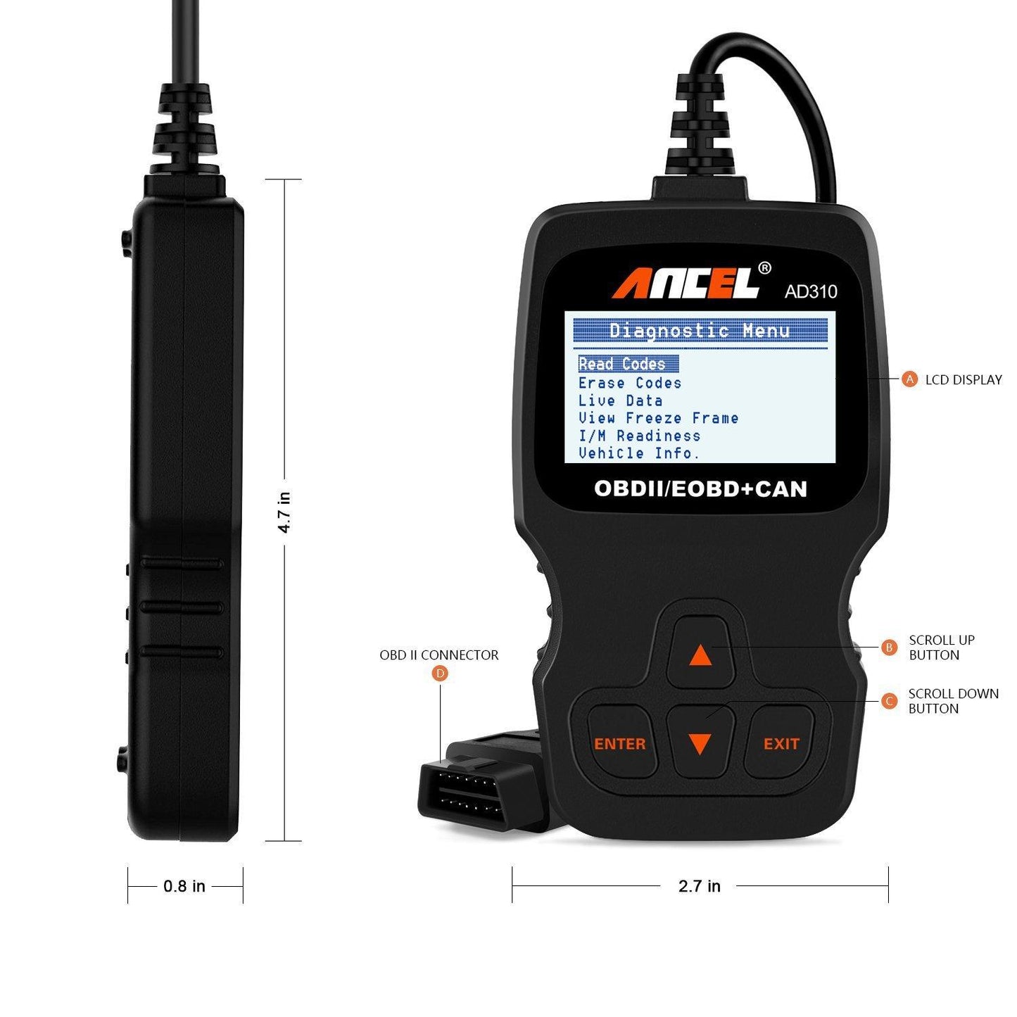 ANCEL AD310 Universal OBD II Car Code Scanner, Black