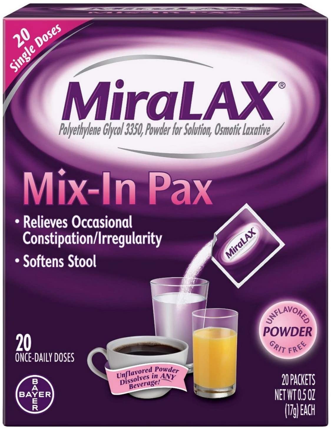 MiraLAX Mix-In Pax, 0.5 oz. / 17g, 20 Packets