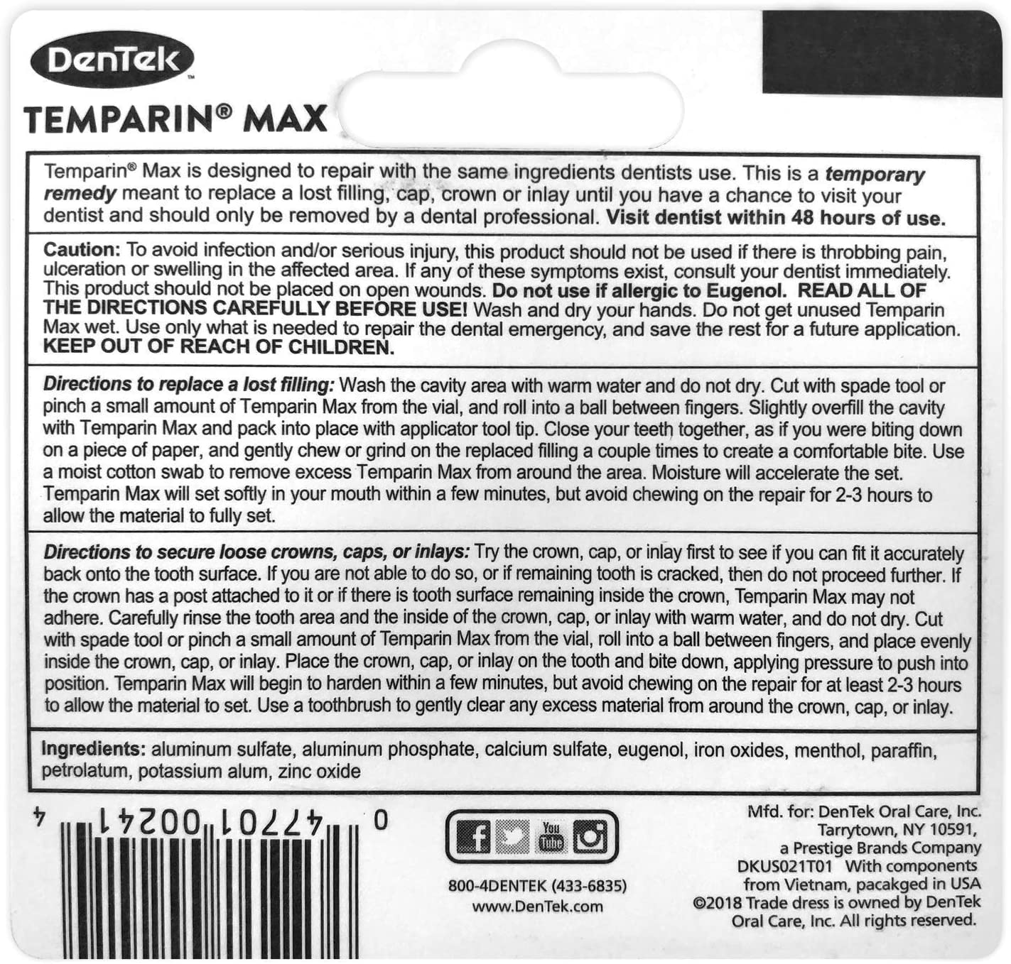 DenTek Temparin Max Repair Kit 5+repairs for Caps & Fillings, 0.04 oz. / 1.1g