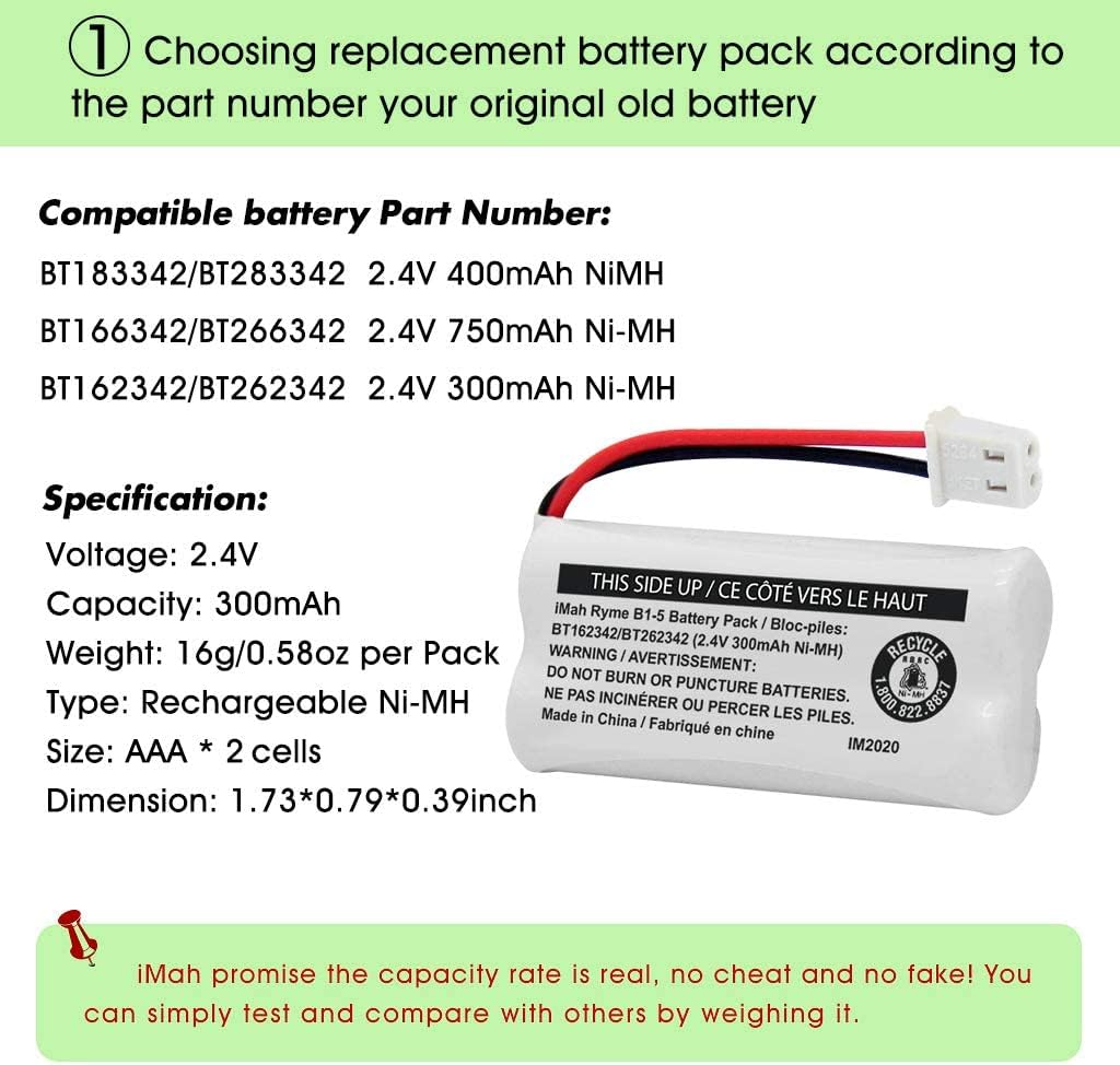 iMah 2.4V 300mAh Ni-MH Cordless Phone Battery (BT162342/BT262342) 2-Pack