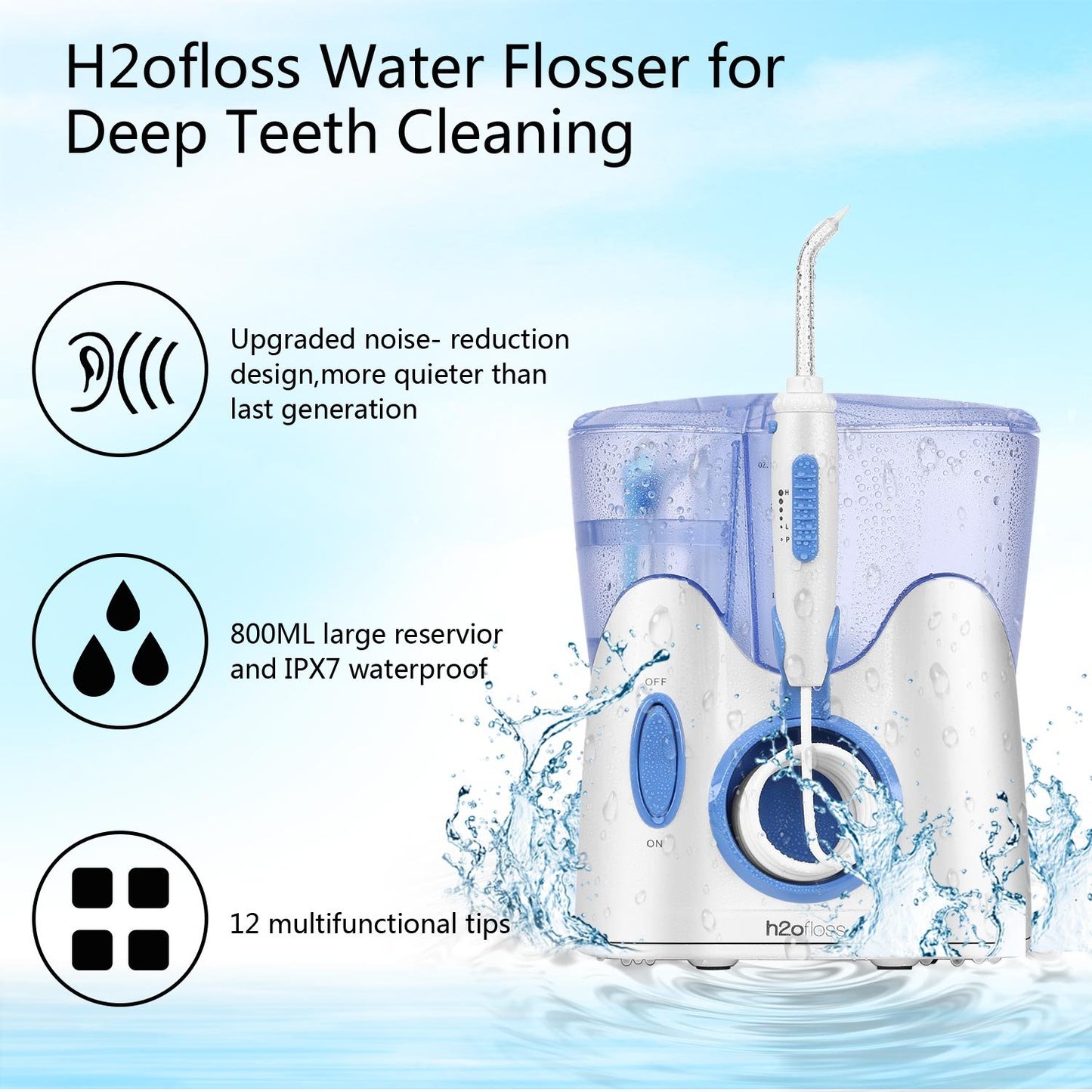 H2ofloss Dental Water Flosser with 12 Multifunctional Tips & 800 ml Capacity, Quiet Design (HF-9 Whisper)