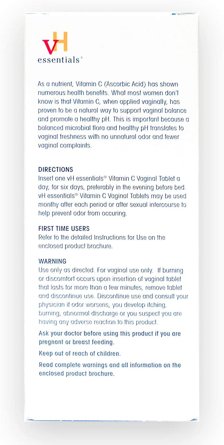 vH essentials Vitamin C Vaginal Tablet 250mg, 6 Tablets with 1 Reusable Applicator Supports Healthy pH & Eliminates Odor Naturally