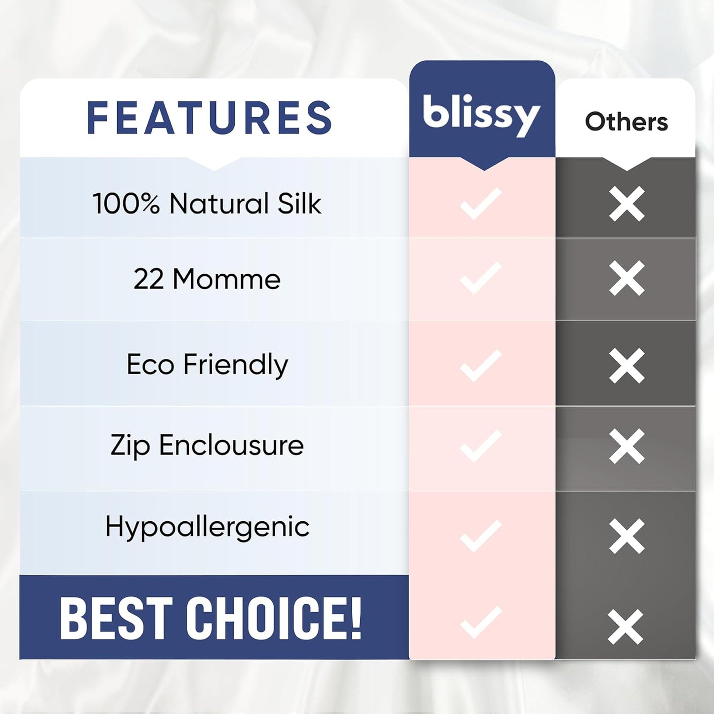 Blissy 100% Pure Mulberry Silk Pillowcase with Hidden Zipper (Queen, Champagne)