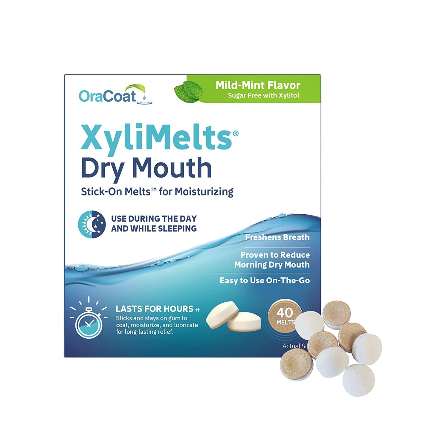 OraCoat XyliMelts Dry Mouth Stick-On Melts for Moisturizing Mild-MInt Flavor Sugar Free with Xylitol, 40 Melts