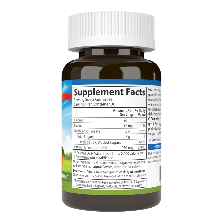 Carlson Vitamin C Gummy 250 mg, Natural Orange Flavor 60 Gummies Immune Support