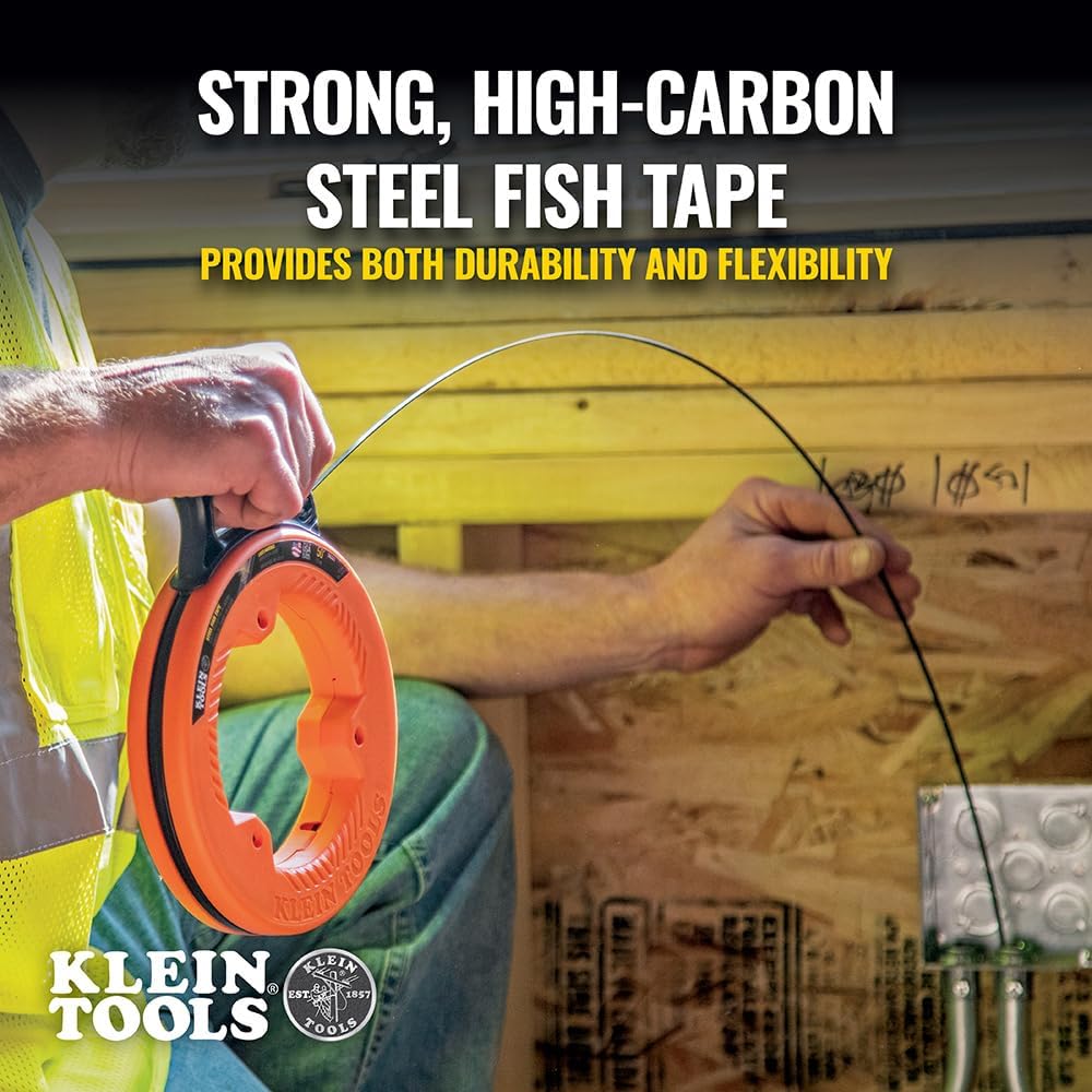 Klein Tools 50 Foot Electrical Fish Tape Steel Wire Puller with Double Loop Tip Optimized with Housing and Handle (56331)