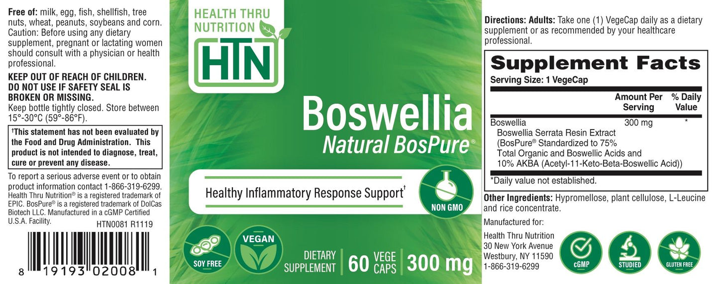 Health Thru Nutrition Boswellia BosPure® 300mg (NON-GMO) 60 Vegecaps Healthy Inflammatory Response Support