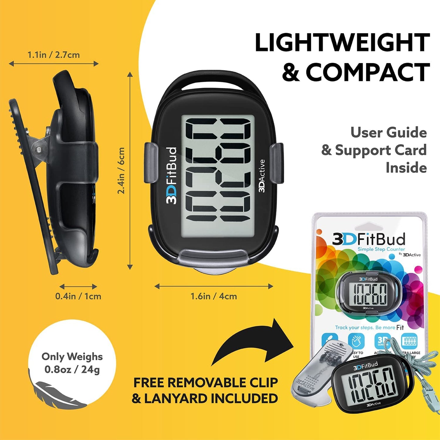 3DFitBud Simple Step Counter (A420S) Walking 3D Pedometer with Clip and Lanyard, Black by 3DActive