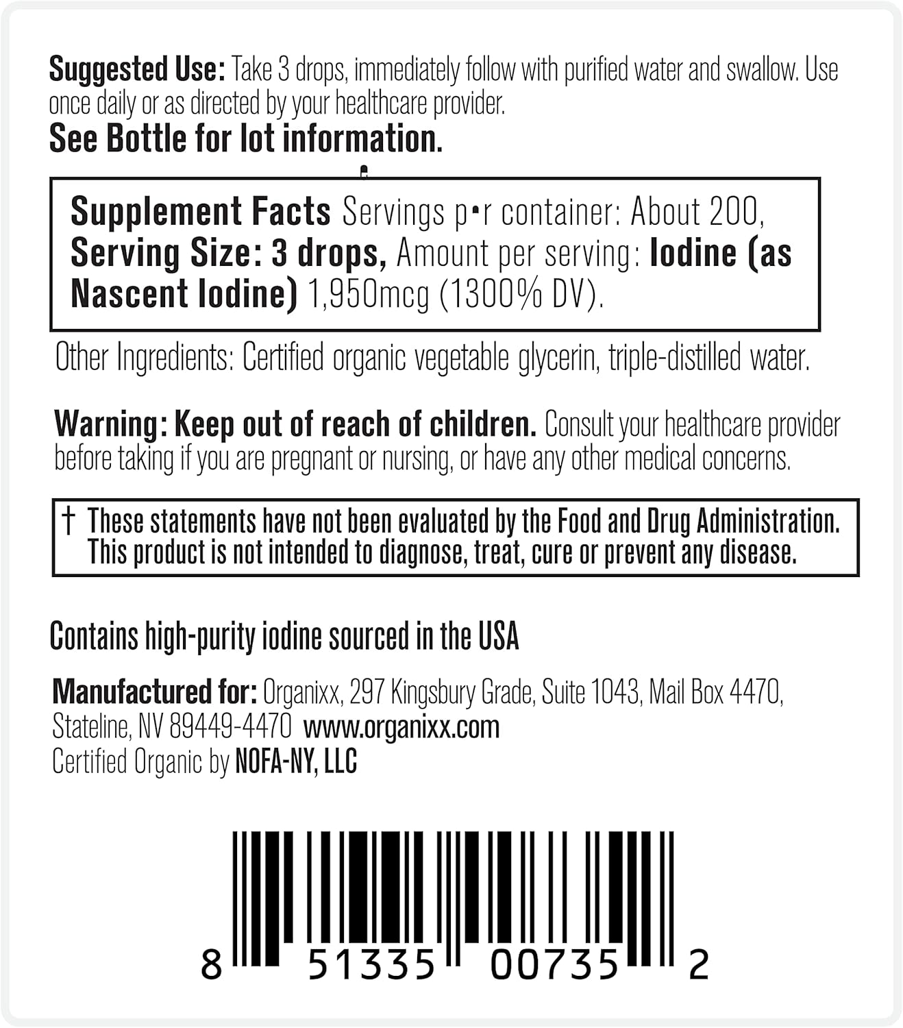 Organixx Iodine Nascent Iodine Essential Health And Thyroid Support 1 fl oz / 29.6ml