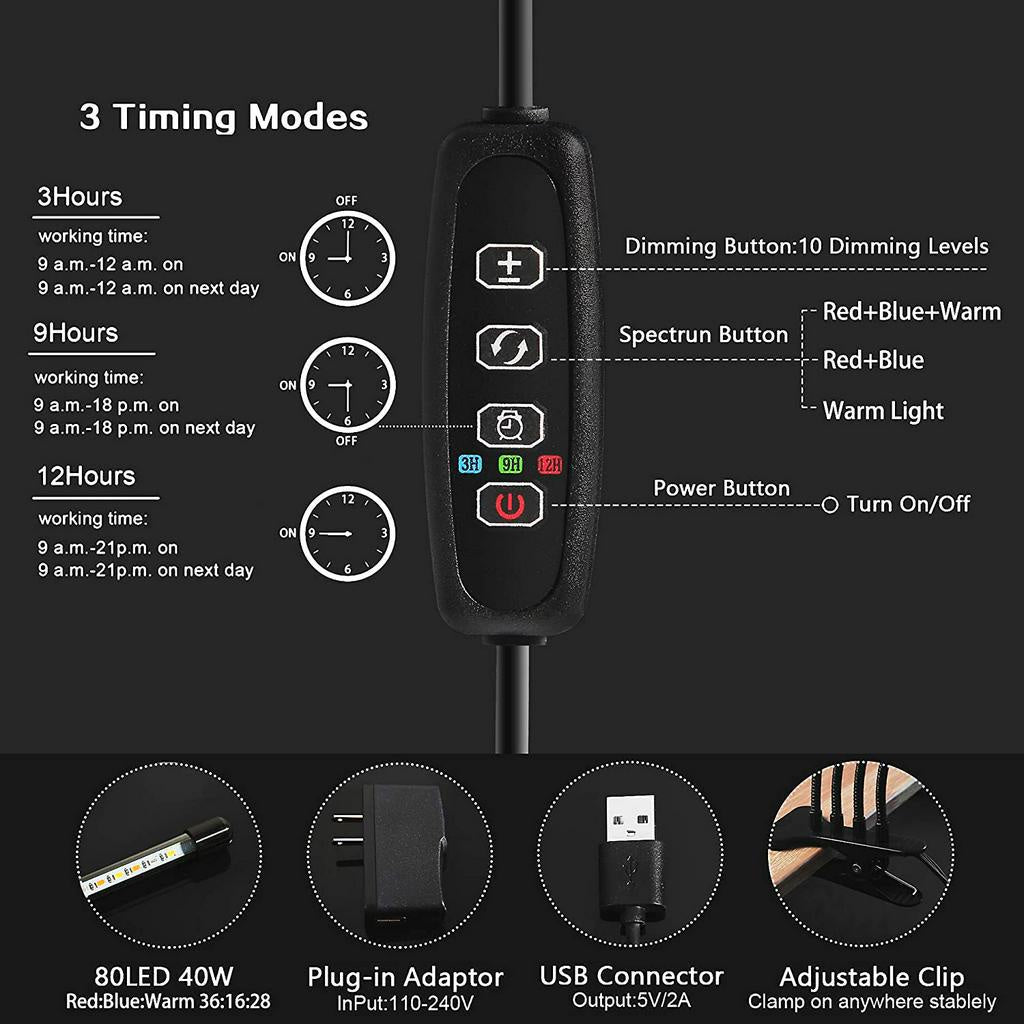 Grow Light for Indoor Plants - Upgraded Version 80 LED Lamps with Full Spectrum, 3/9/12H