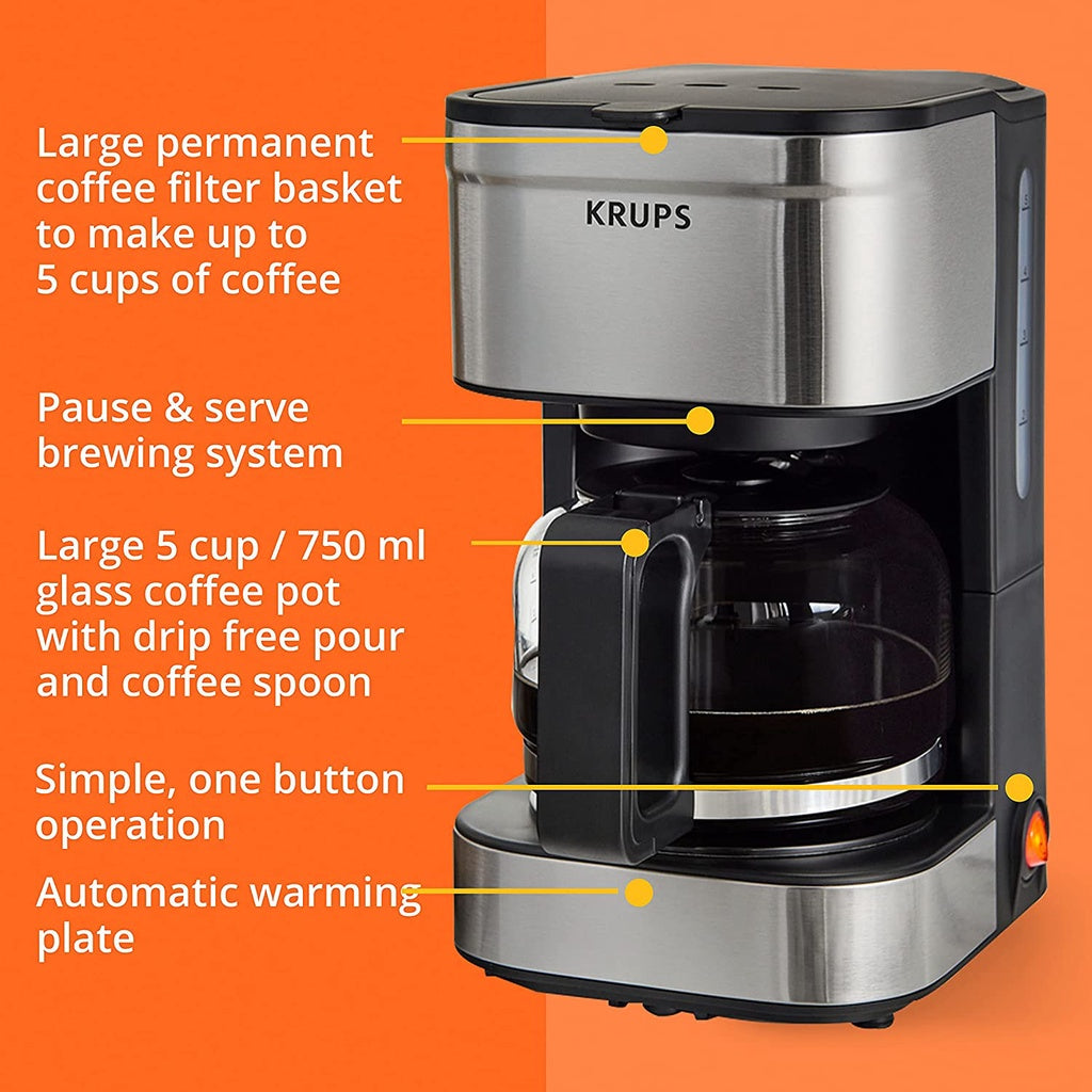 KRUPS Simply Brew Compact Filter Drip Coffee Maker, 5 Cup (Silver)