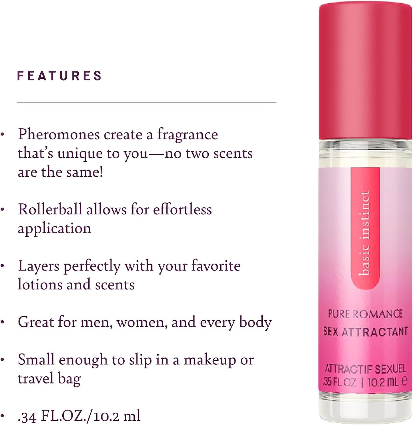 Basic Instinct Pure Romance Attractant | Travel-Ready Oil With Effortless Roll On Application | .35 Fl Oz/10.2ml