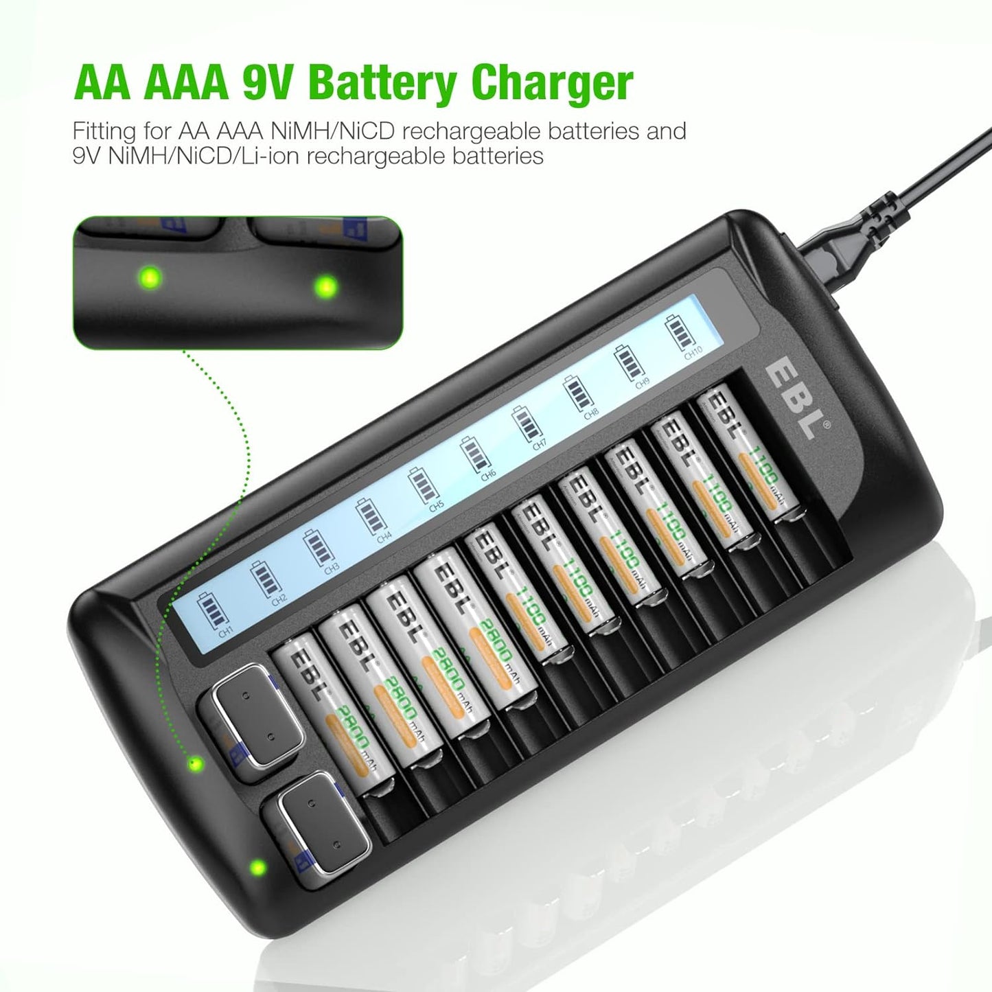 EBL Smart LCD Charger for AA AAA 9V NI-MH NI-CD Rechargeable Batteries 10pcs AA/AAA 2pcs 9V