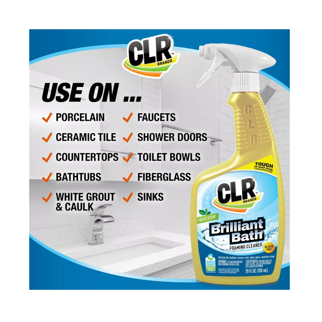 CLR Brilliant Bath Foaming Bathroom Cleaner Spray  Dissolves Calcium, Lime, and Soap Scum Fresh Scent, 26 oz