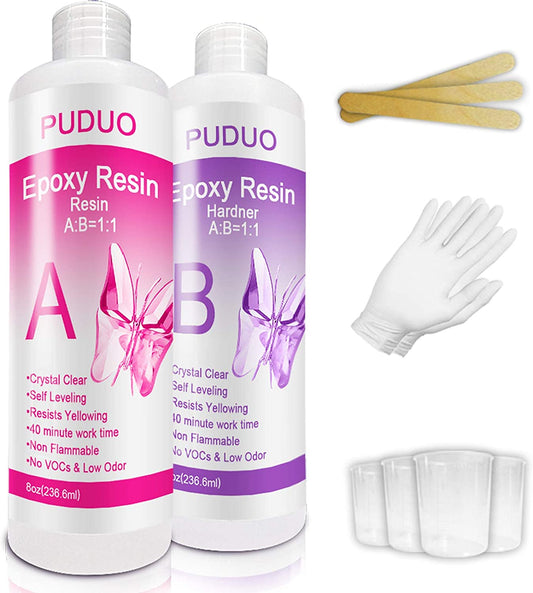 PUDUO Epoxy Resin Crystal Clear Kit, 236.6 ml, 4 pcs Graduated Cups, 3pcs Sticks, 1 Pair Gloves