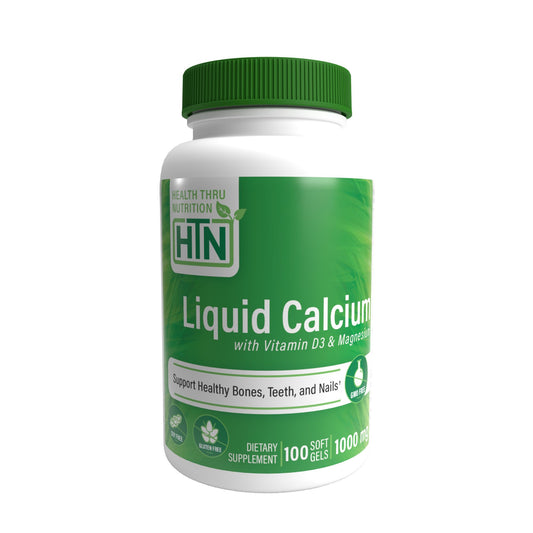 Health Thru Nutrition Liquid Calcium with Vitamin D3 & Magnesium 1000mg 100 Softgels Supports Healthy Bones, Teeth and Nails