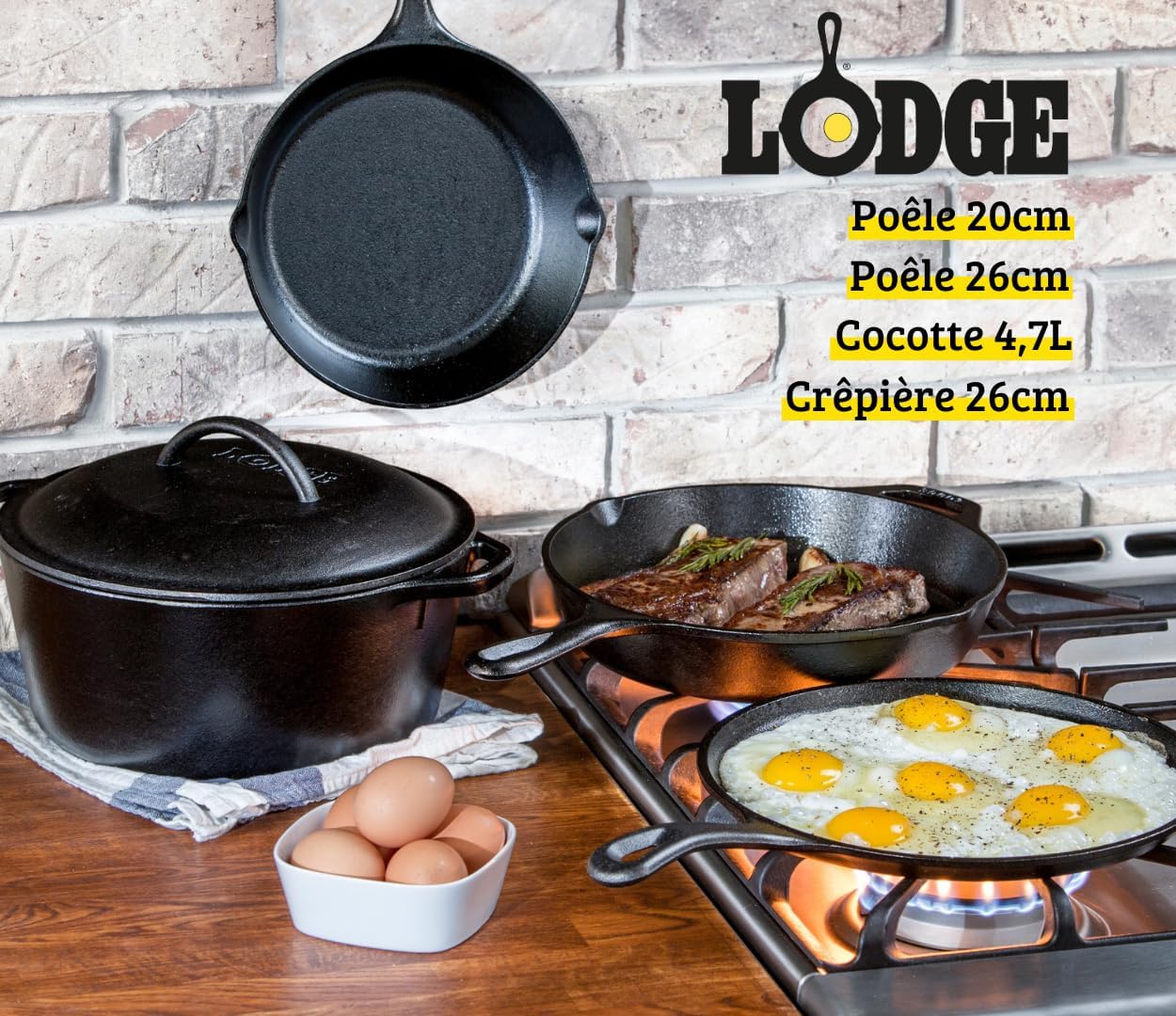 LODGE 5 Piece Cast Iron Set, 10.5" Griddle, 8" Skillet, 10.25" Skillet, 10.25" Dutch Oven, and 10.25" Lid