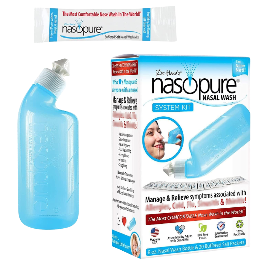 EXPIRY 10/2026 Dr. Hana's Nasopure Nasal Wash System Kit, 8 oz Bottle & Buffered 20 Mixture Packets