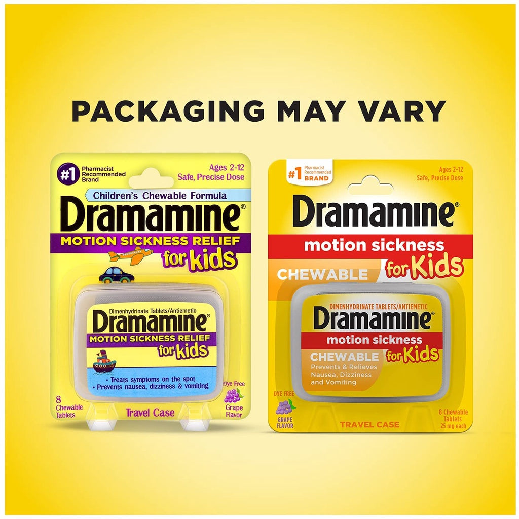 Dramamine Motion Sickness Relief for Kids, Grape Flavor, 8 Chewable Tablets PACKAGING MAY VARY