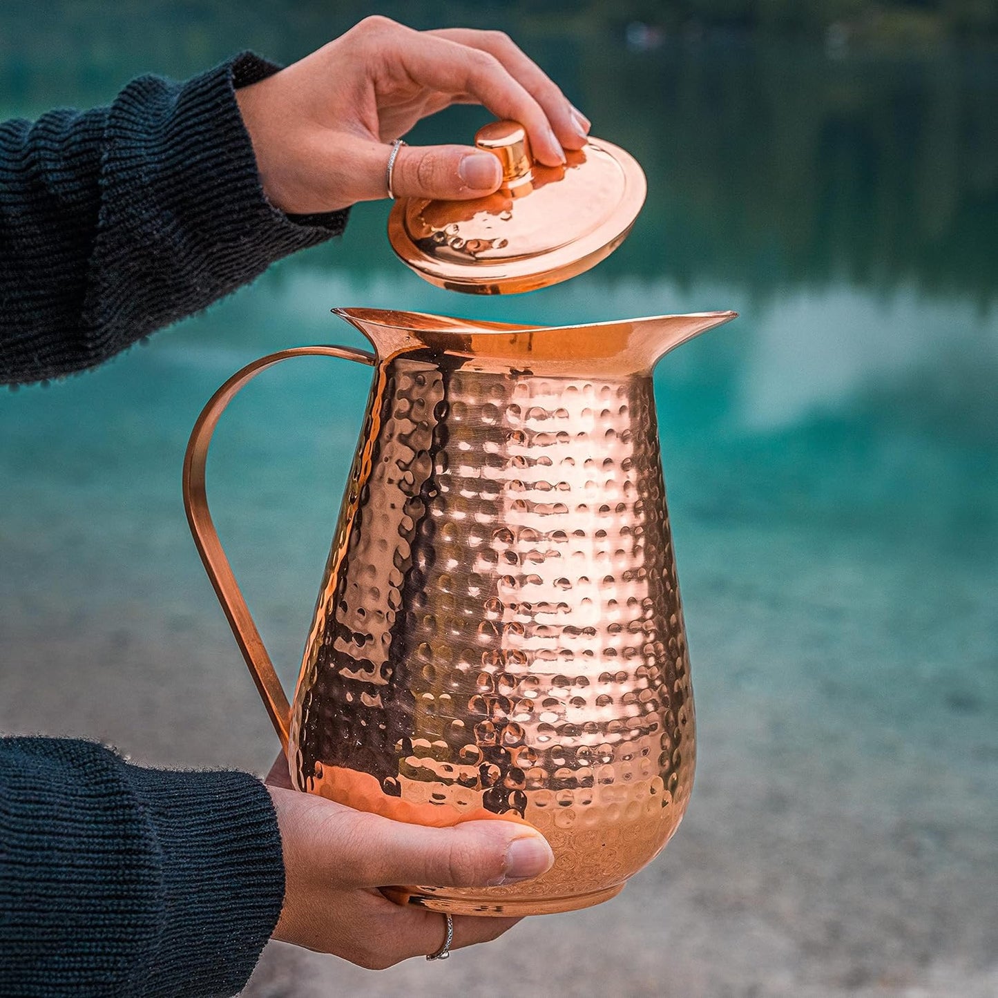 Copper Pitcher With Lid Pure Copper Handmade Hammered Jug 68 Oz